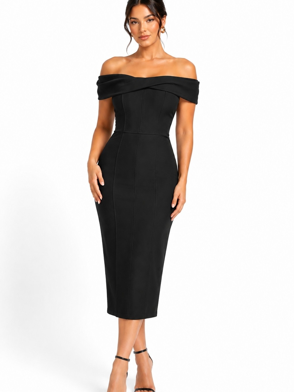 Off-Shoulder Black One-Shoulder Midi Dress
